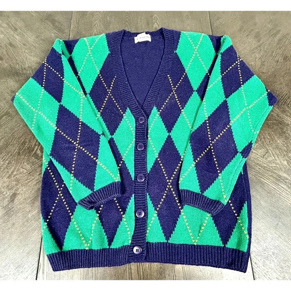 Vtg Izod Argyle Cardigan Sweater Green And Blue Size Medium M Secretary Unisex - Picture 2 of 11